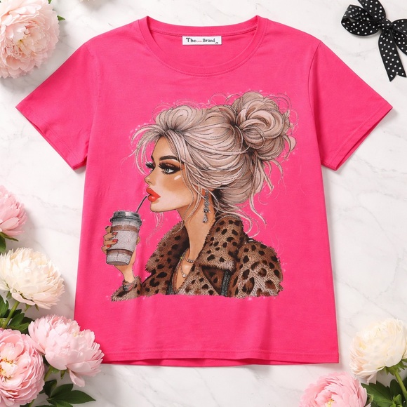 the love brand Tops - Barbie Pink Rhinestone Graphic Tee with Chic Blonde Illustration large /xl
